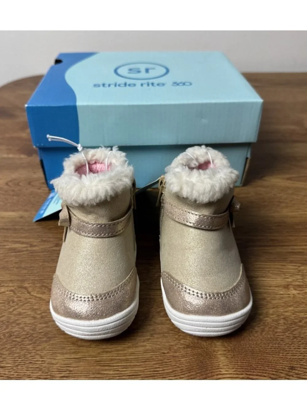 Stride Rite 360 Toddler Girls 3M Side Zip Champagne Faux Fur Zina Ankle Boot